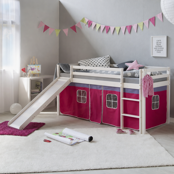Дитяче ліжко Homestyle4u 90x200 см, біле, з гіркою та рожевим шторкою, дерев'яне ліжко-горище з сосни для дитячої кімнати