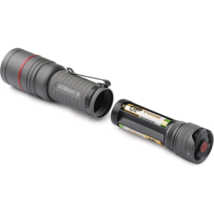 Ліхтарик EMOS Ultibright 70 CREE LED металевий, з фокусуванням, 2 режими світла, ударостійкий, водонепроникний IP65, 340 лм, до 200 м, із кліпсою та ручкою, для дому й вулиці, сірий