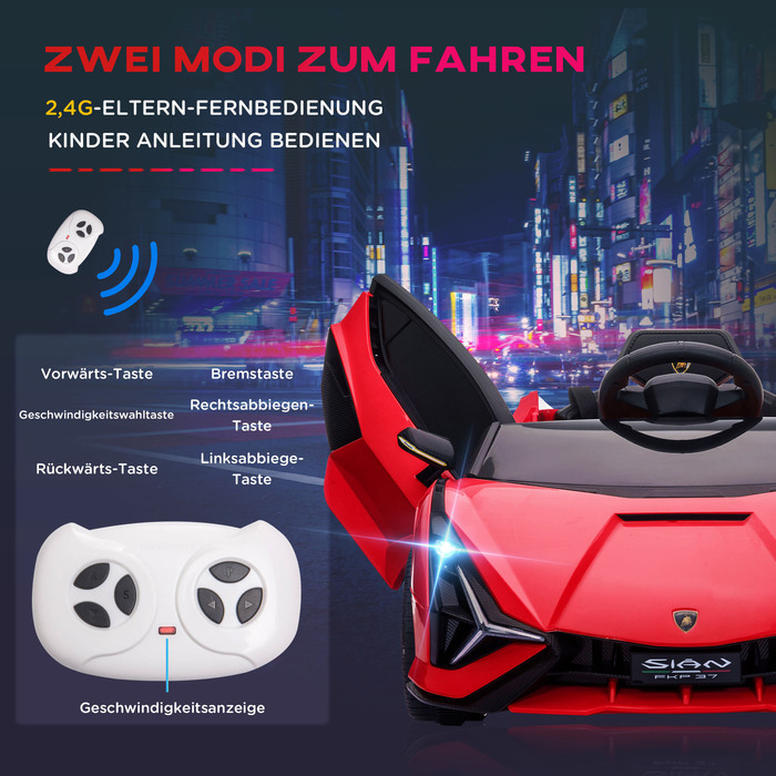 Дитячий електромобіль 12V, 2 режими руху, Lamborghini Sian SUV, іграшковий електромобіль з пультом дистанційного керування, музикою (MP3/USB), світлом, для дітей 3-5 років (37-60 місяців), металевий, червоний, розміри: 108 x 62 x 40 см