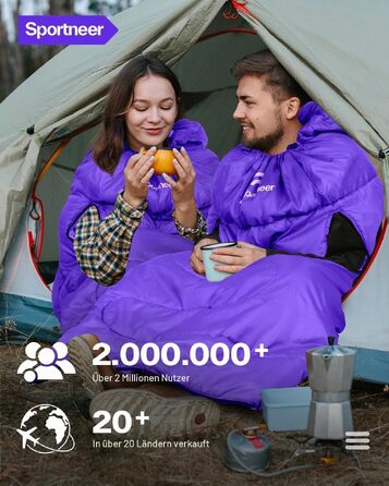 Спальний мішок Sportneer Outdoor у формі ковдри 220×85 см, з отворами для рук, вага 1.5 кг (фіолетовий, температурний режим +10...+26 °C)