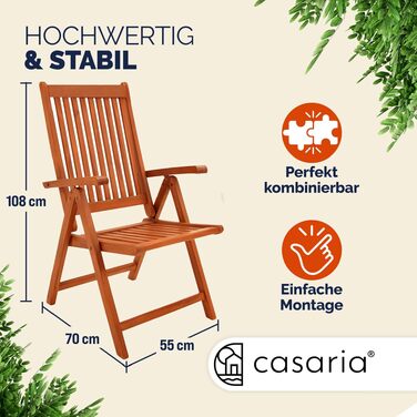 Садовий стілець Casaria® (2 шт) складний з дерева (Евкаліпт FSC®) для саду, балкону, тераси. Регульована спинка (5 положень) 55x70 см, коричневий