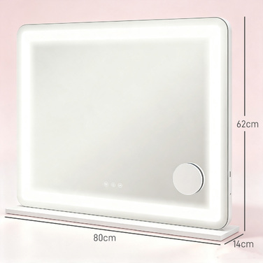 Дзеркало для макіяжу з LED-підсвіткою 80x60 см, косметичне дзеркало з 3 режимами світла, USB-зарядкою та 10-кратним збільшенням