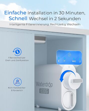 Waterdrop G2P600 Система фільтрації води зворотного осмосу, 8000 літрів, очищення 2:1, без баку, пом'якшувач води RO під мийку G2-600G