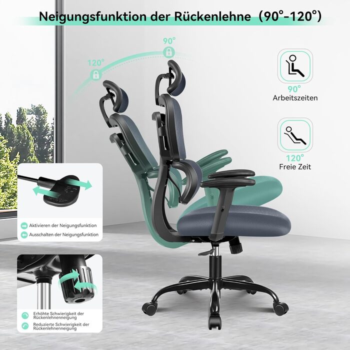 Ергономічне офісне крісло DoChair з 3D підголівником, регульованими підлокітниками та висотою сидіння, динамічною спинкою, світло-блакитне