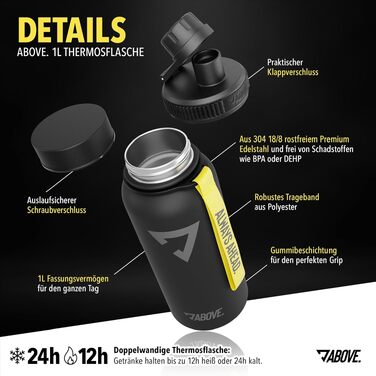 Термозбуля ABOVE з нержавіючої сталі 1л, вакуумний термос для спорту та outdoor, чорна, BPA-free, зберігає тепло до 12г та холод до 24г, герметична