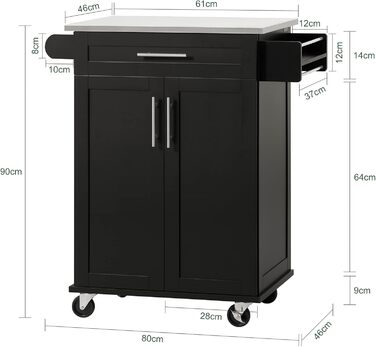 Кухонний візок SoBuy FKW110-SCH, сервировочний, чорний, з дверцятами та шухлядою, на колесах, для офісу, 80x90x46 см