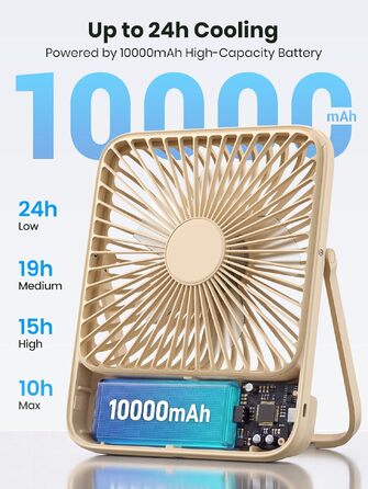 Вентилятор акумуляторний Warmco 10000mAh 21 см, до 24 год, пісочний бежевий: для офісу, спальні, подорожей