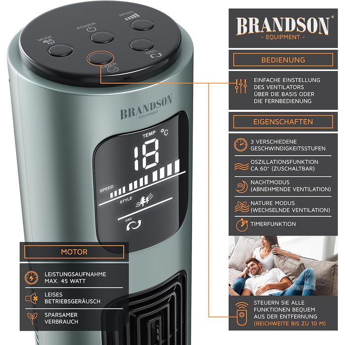 Турмовентилятор Brandson з пультом, 96 см, 3 швидкості, осциляція 60°, сріблясто-м'ятний, підлоговий мобільний вентилятор, переможець 2024 року