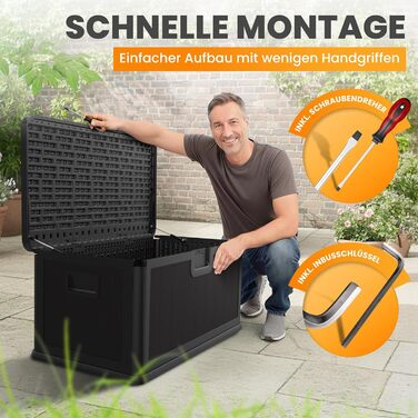 Водонепроникний садовий ящик Gartenbox 375L чорний - велика коробка для зберігання речей на вулиці, для подушок, садових меблів, посилок