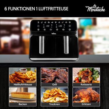 Фритюрниця La Moustache DuoFry 8 л з двома кошиками, електрична аерофритюрниця 1700 Вт, 10 програм, цифрове керування, антипригарне покриття, таймер, сірий колір, книга рецептів у комплекті