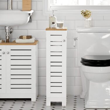SoBuy BZR85-W підлогова шафа для ванної, тримач для туалетного паперу, білий/натуральний, 20x75x18 см – органайзер для зберігання, туалетна шафа, меблі для ванної кімнати