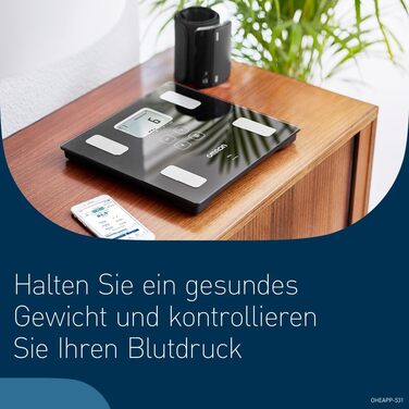 OMRON VIVA – розумні ваги-аналізатор складу тіла з Bluetooth, додатком, вимірюванням жиру, ваги, вісцерального жиру, м’язової маси, базального метаболізму та ІМТ; для 4 користувачів, тонометр з Bluetooth; рейтинг 'Добре' 10/24 від Stiftung Warentest