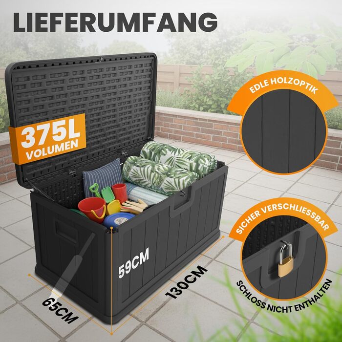Водонепроникний садовий ящик Gartenbox 375L чорний - велика коробка для зберігання речей на вулиці, для подушок, садових меблів, посилок