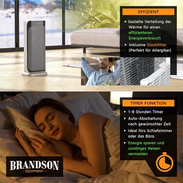 Керамічний обігрівач Brandson 2000 Вт з дистанційним керуванням, енергоощадний, тихий, для ванної кімнати, з осциляцією, сріблястий, сертифікат GS, переможець 2024 року