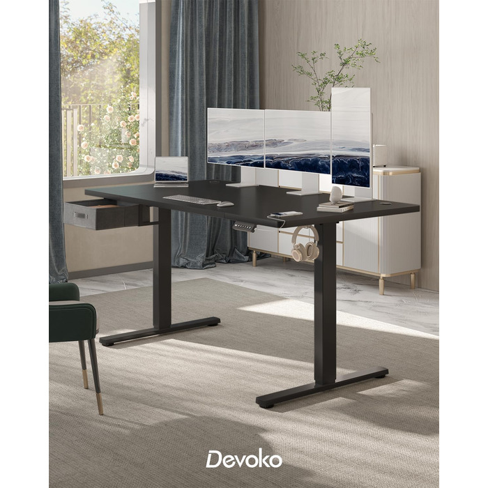 Регульований стіл Devoko 160x80 см з висувними ящиками, USB-порт, органайзер для кабелів, стіл для комп'ютера з 3-ма режимами пам'яті, білий (чорний)