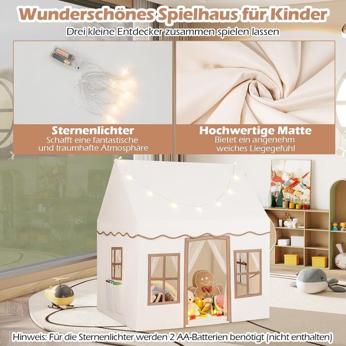 Дитячий ігровий будинок-намет COSTWAY з зірковим підсвічуванням, вікнами та шторами для хлопчиків та дівчаток, світло-коричневий