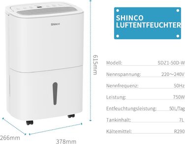 Осушувач повітря Shinco 50л WiFi з APP та помпою, для приміщення до 165м³, з фільтром, функцією сушіння білизни та таймером