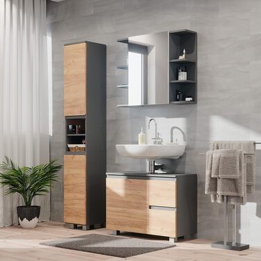 Пенал для ванної Vicco J-Shape, антрацит/дуб, 30x190 см, сірий