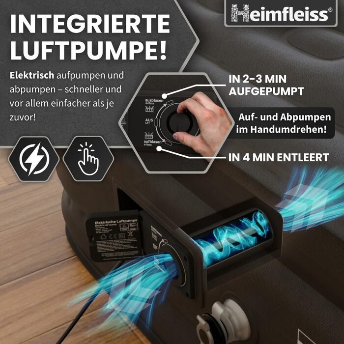 Надувний матрац самонадувний Heimfleiss® Premium 100x200 см | Матрац для гостей та кемпінгу | З насосом (2 особи, Чорний)