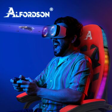 Ігрове крісло ALFORDSON з масажем, 8-точкове, RGB LED, 12 кольорів, ергономічне, з підставкою для ніг, підголівником і поперековою подушкою, для дітей і дорослих, червоне, PU-шкіра