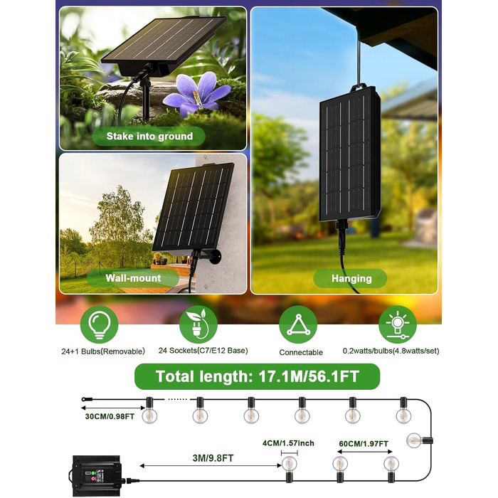 Сонячна гірлянда LED для вулиці 17.1м, 8 режимів, акумулятор 3600mAh, IP44, для саду, балкону, вечірок