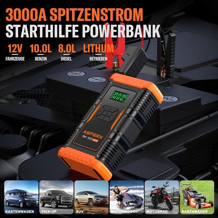Бустерний пускач ASPERX 3000A з компресором 150 PSI, Powerbank для авто та мотоциклів 12V (до 10л бензин / 8л дизель), з LED-ліхтарем, чорно-помаранчевий