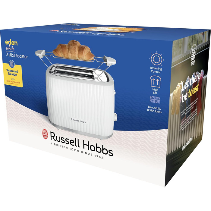 Тостер Russell Hobbs Eden для 2 скибок, білий - 6 режимів підсмажування, розморожування, підігрів, підйом, лоток для крихт