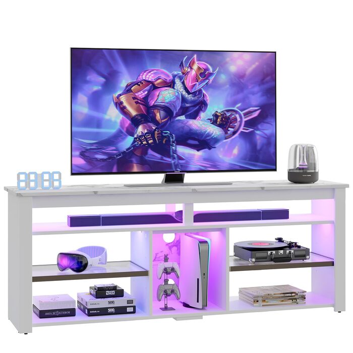 Тумба під телевізор Bestier 70 дюймів з підсвіткою LED, для PS5, біла мармурова - 160x33.8x66.8 см