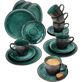 MamboCat Кавовий сервіс 18 предметів Green Reactive Glaze для 6 осіб. Керамічний набір ручної роботи з ефектом м'ятиного кольору та мідною окантовкою (6 чашок, 6 тарілок, 6 десертних тарілок).
