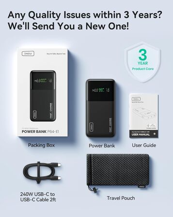 Power Bank INIU 140W, 25000mAh, USB-C, Швидка зарядка PD/QC, для ноутбука, iPhone, компактний, чорний