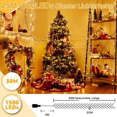 Світлодіодна гірлянда Cluster 30м, 1500 LED теплий білий колір, вулична з пультом керування