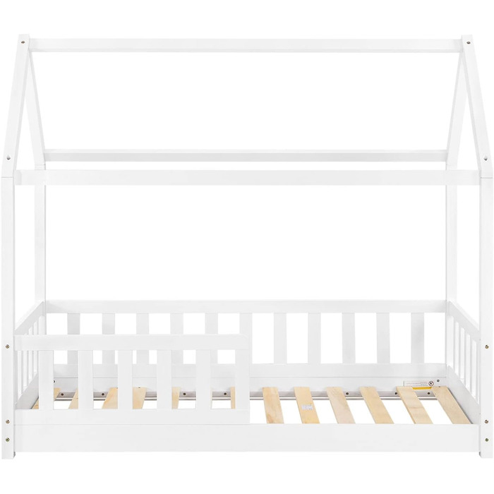 Дитяче ліжко Juskys Marli 80x160 см з бортиком, ламельною основою та дахом, будиночок з масиву дерева, біле