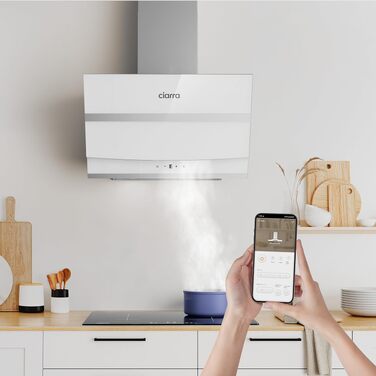Витяжка кухонна CIARRA ASB6736N 60 см, 650 м³/год, нержавіюча сталь та чорне скло, керування через App та Touch, режим рециркуляції/відведення, вугільний фільтр CBCF003, білий колір