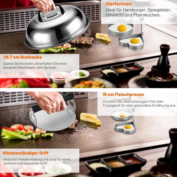 Набір аксесуарів для гриля та планчі Grilljoy з нержавіючої сталі, 28 предметів, для бургерів та барбекю (Помаранчевий)