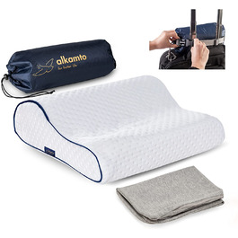 Подушка для подорожей Alkamto з ергономічною формою, memory foam, температурний контроль, додатковий бавовняний чохол, сумка для транспортування, 35x30x10/8 см, біла, для кемпінгу та сну