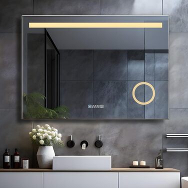 LED дзеркало для ванної кімнати LISA 80x60 см з підсвічуванням, розеткою та годинником. Сенсорне регулювання яскравості, тепле/холодне світло, антизапарник. Для ванної, туалету, коридору.