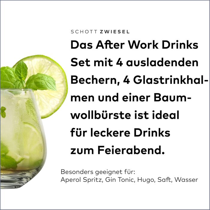 Набір коктейльних келихів SCHOTT ZWIESEL After Work Drinks: 4 склянки з Tritan-кришталю, 4 скляні трубочки та щітка для чищення, підходять для посудомийної машини, Німеччина