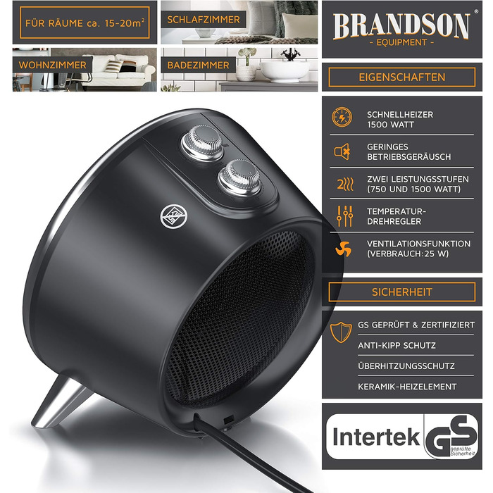 Керамічний електрообігрівач Brandson 1500 Вт для ванної, з терморегулятором, 2 режими, захист від перегріву і перекидання