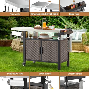 Onlyfire Grilltisch: Робочий стіл для гриля з великою поверхнею, візок для сервірування з колесами, гриль-стіл з відкидними боковими полицями, стільниця з нержавіючої сталі, візок для барбекю, 143.5 × 56 × 91 см, двостулковий