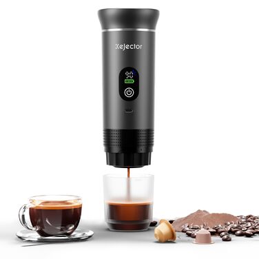 Портативна кавомашина Espresso Kejector з акумулятором: для дому, в подорожах, в авто. 3-в-1: кава, еспресо, капсули. Digital display, металевий сірий.