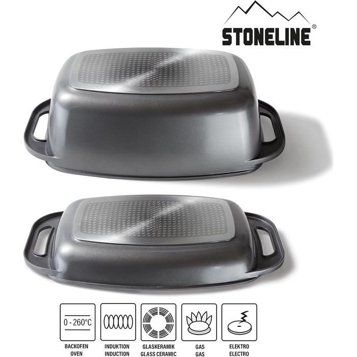 Журавлик STONELINE з кришкою 43x26 см, 8.4 л, чавунна каструля для запікання з антипригарним покриттям з частинками каменю, під індукцію та духовку, сірий