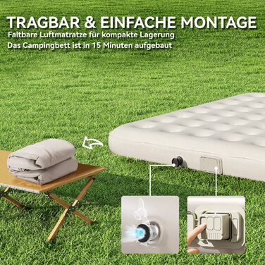 Похідне ліжко Outsunny Camping Bed з насосом для надувного матраца 200 x 153 см Гостьове ліжко з навантаженням до 200 кг Надзвичайно широкий кемпінговий шезлонг для 2 дорослих для кемпінгу Outdoor Garden Travel Чорний+Хакі