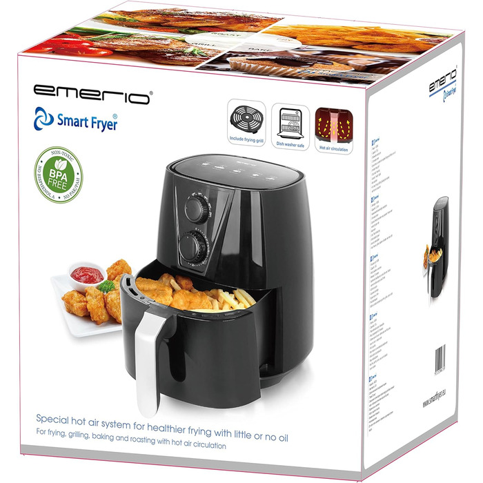 Фритюрниця Emerio AF-126667 SmartFryer, аерофритюрниця без олії, 3.8 л, 1450 Вт, швидке нагрівання, BPA-free, Cool Touch, чорна