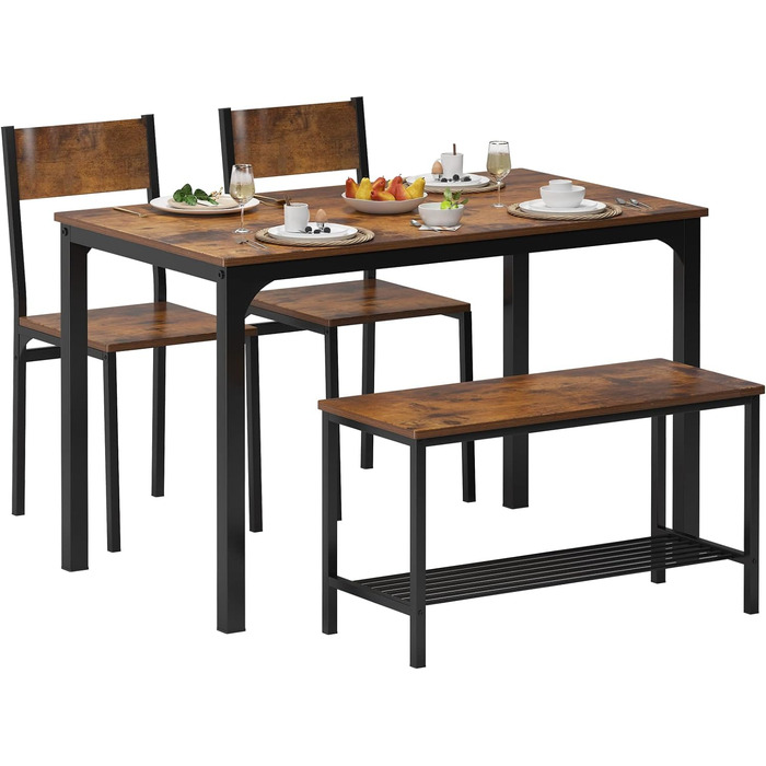 Обідній гарнітур sogesfurniture 4 предмети: стіл 110×70×76 см, 2 стільці, лавка, металевий каркас, прямокутний кухонний стіл з полицею для вітальні, їдальні, вінтажний коричневий
