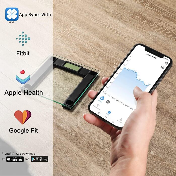 Смарт-вага Vitafit 250 кг з Bluetooth, вимірюванням ваги та ІМТ, синхронізацією з додатком, чорна, 8 мм загартоване скло, широка платформа