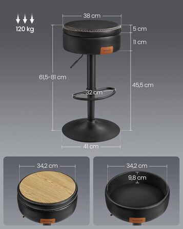 Барний стілець VASAGLE EKHO, обертовий на 360°, регульований по висоті, зі сховищем, екошкіра, чорний, стиль Мід-Сенчурі, для кухні та бару