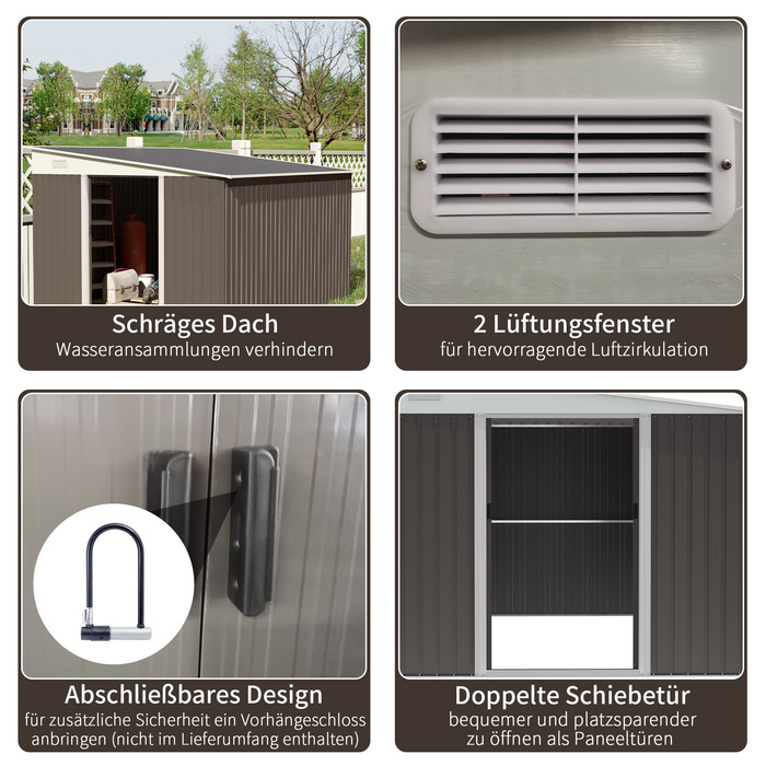Outsunny Garden Shed 8.9 ㎡ Сталевий садовий сарай з моноскатним дахом і розсувними дверима, вентиляційні отвори, 280x345x201см, сірий