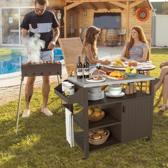 Grillwagen COSTWAY: Металевий гриль-візок з 3 полицями, нішею для спецій та ручкою. Ідеально для BBQ, саду, тераси. Розміри: 116 x 50 x 87 см