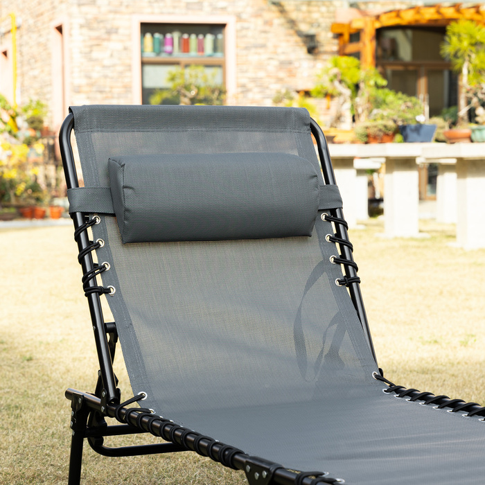 Складний садовий шезлонг Outsuuny Sun Lounger з подушкою, бічна кишеня, шезлонг з регульованою спинкою в 5 напрямках, стійкий до погодних умов шезлонг для кемпінгу з навантаженням до 120 кг, для садового пляжного басейну, сірий