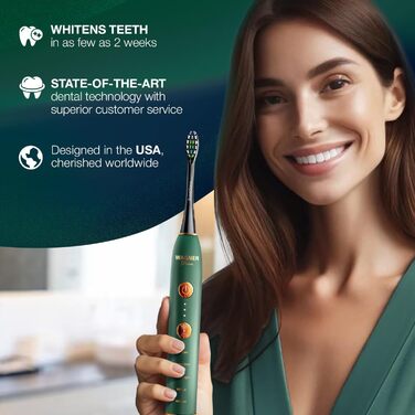 Електрична зубна щітка Wagner Stern WHITEN+ Edition з датчиком тиску. 5 режимів чищення, 3 рівні інтенсивності, 8 насадок, преміум-чохол. Зелена
